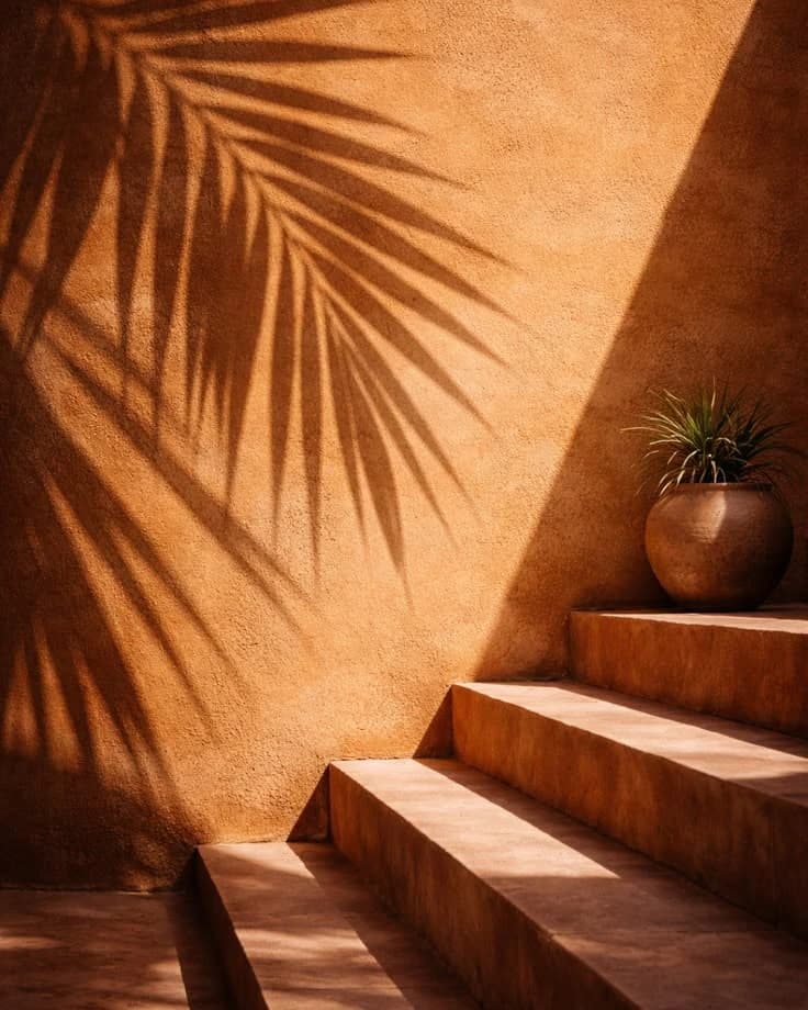 Terracotta staircase with palm shadow